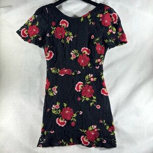 Black Lace Red Floral Embroidery Dress open back mini ruffle formal spring guest